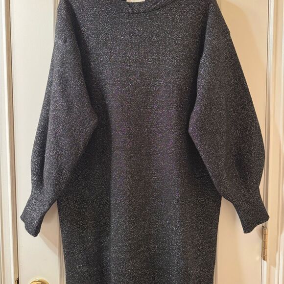 H&M Glitter Evening Black Crew Neck Bishop Sleeve Sweater Dress NWOT Size M - Picture 2 of 12